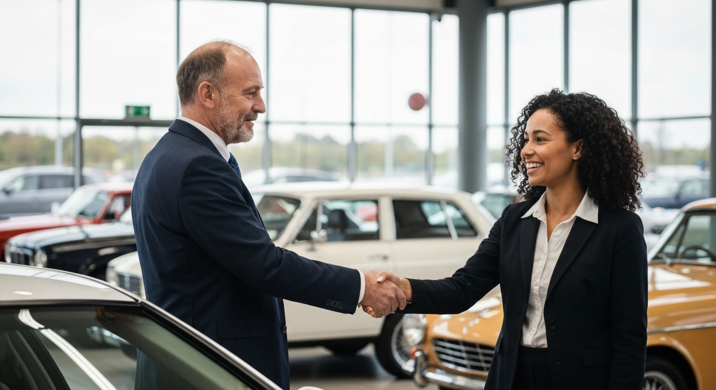 Professional car buyer shaking hands with a seller in Castle Donington