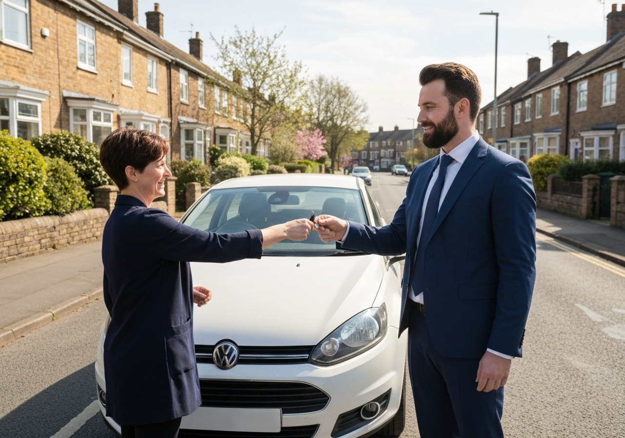 Car sale handover on a residential street in Repton, Derbyshire