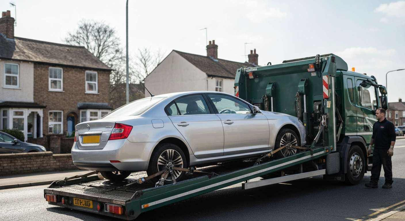Car being loaded onto a collection truck in Chaddesden, Derby