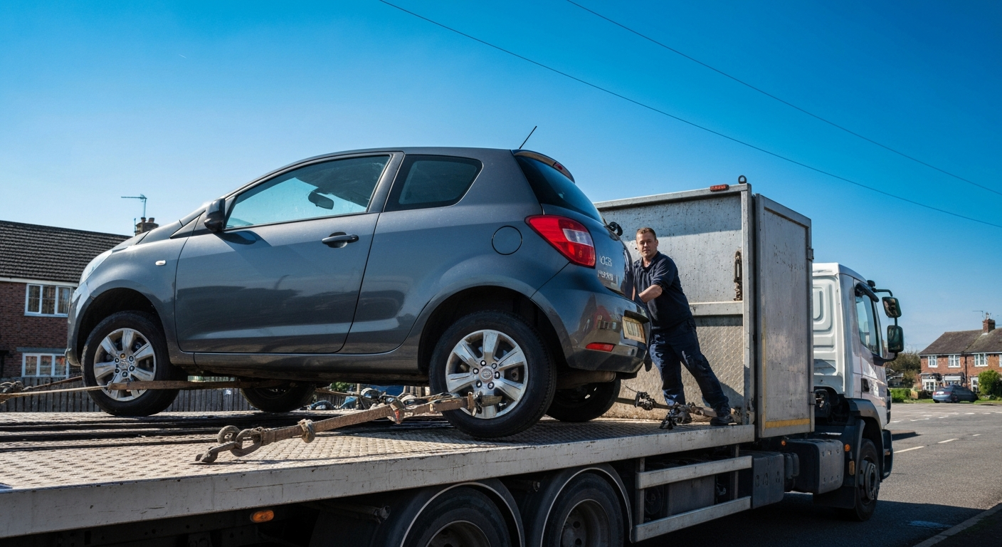 Car being loaded onto a collection truck in Belper, Derbyshire