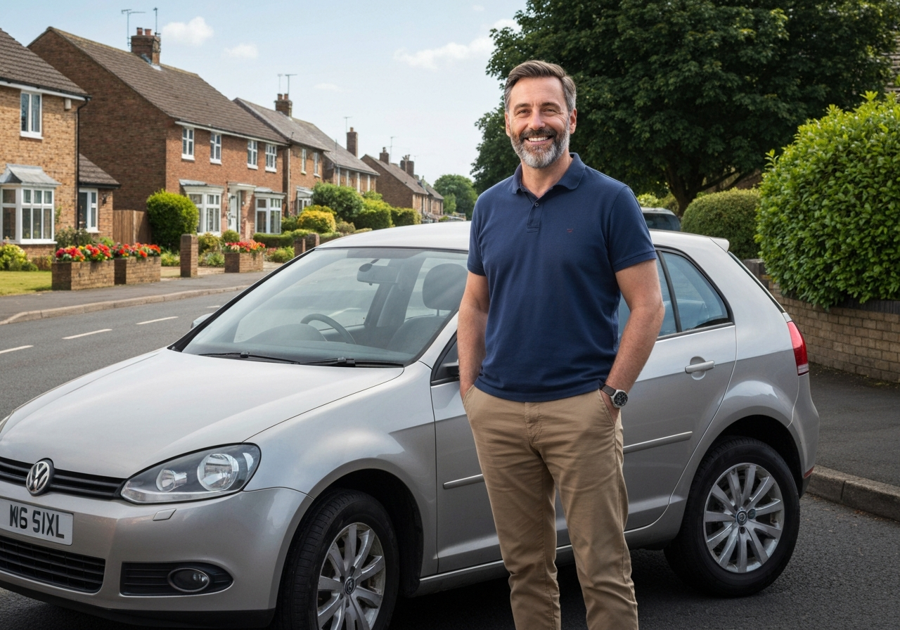 Happy customer standing next to their UK hatchback car in Duffield, Derbyshire