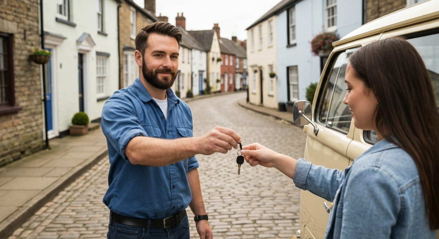 Handing over van keys in Mickleover village setting
