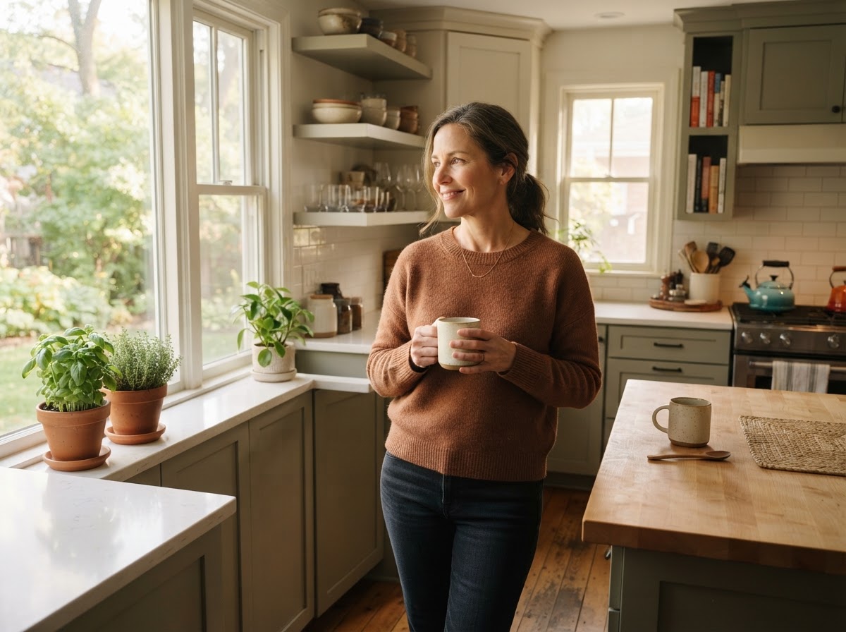 A calm homeowner enjoying a relaxed moment in a clean, welcoming kitchen