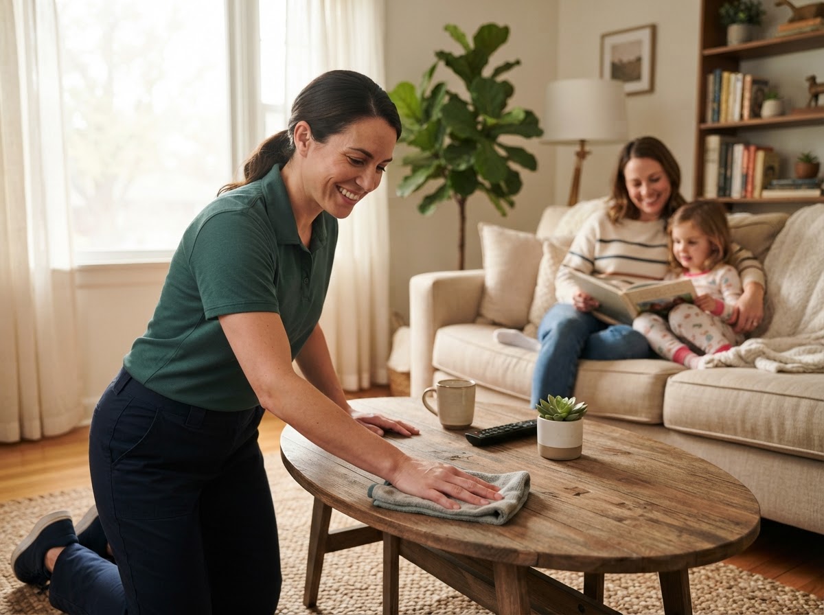 A MidCrew residential cleaning professional carefully cleaning a living-room surface while a homeowner relaxes with a child in the background