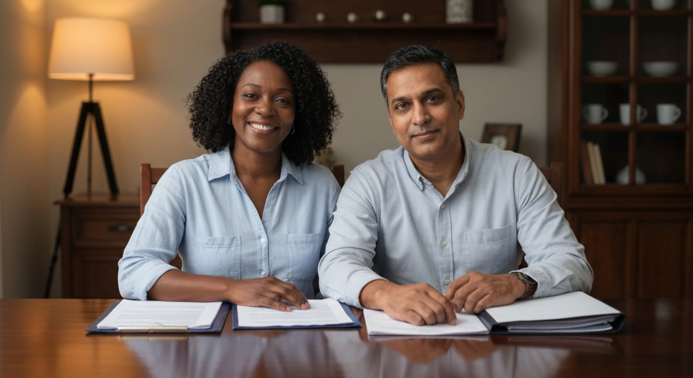 Relieved diverse family at table