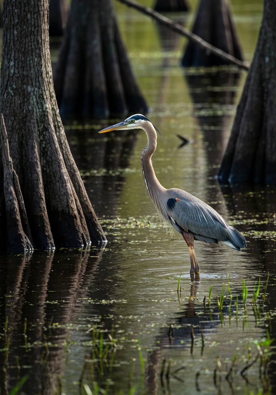 Great Blue Heron perched on a cypress branch