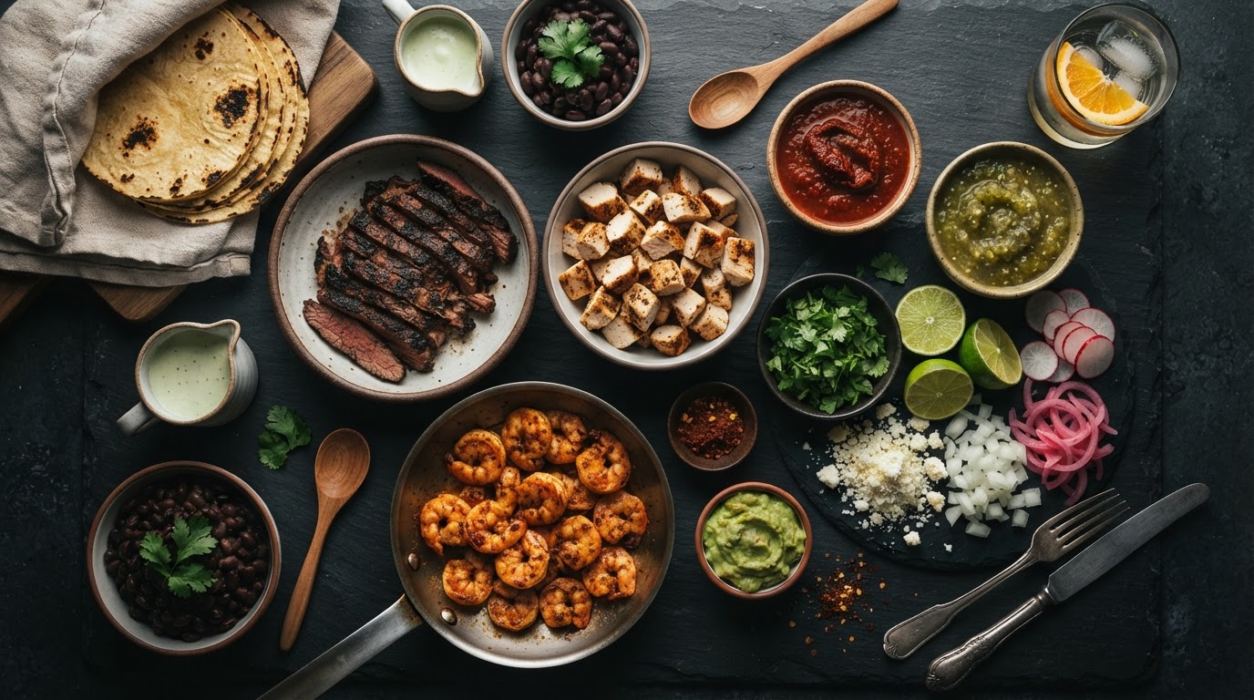 Taco Mell premium taco ingredients flat lay display