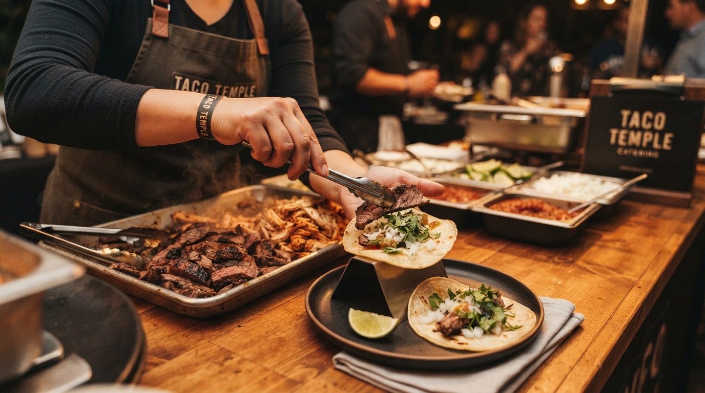 Fresh tacos being assembled by Taco Mell catering team