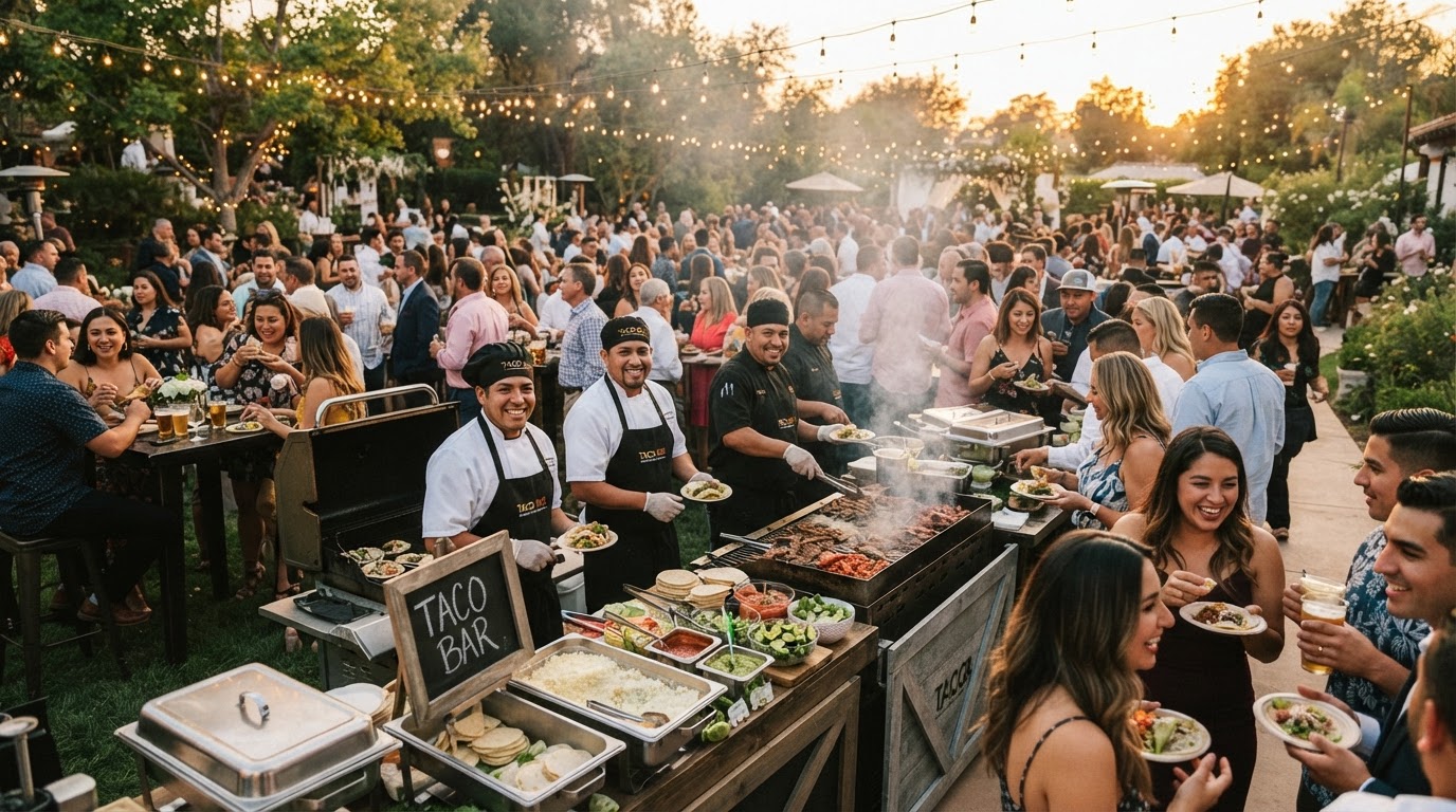 Taco Mell catering a large outdoor event with full taco bar setup