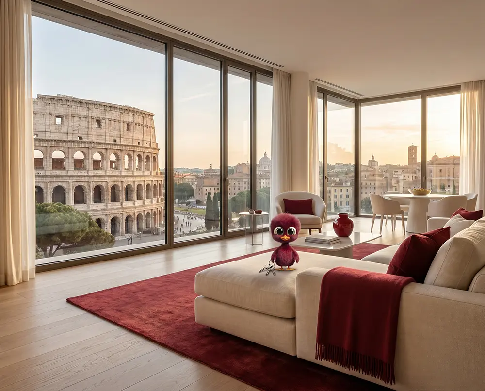 Appartamento di lusso a Roma con dettagli rossi e vista Colosseo