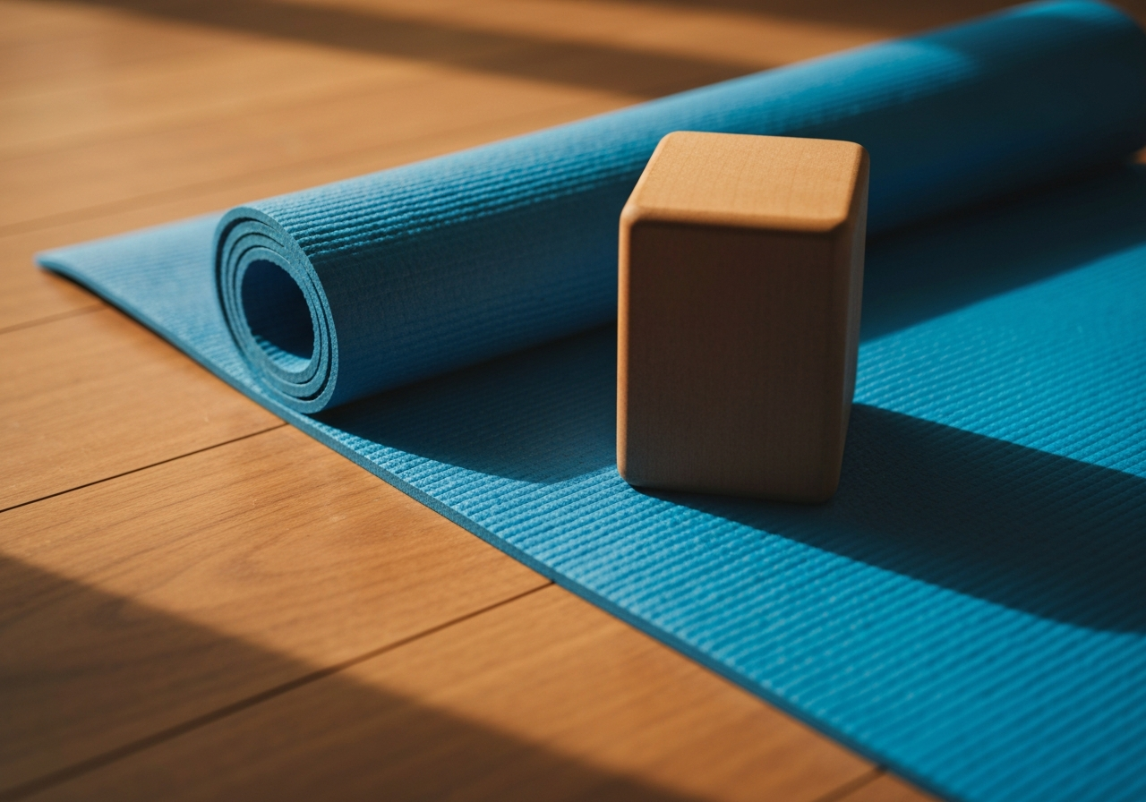 Yogamatte und Block auf Holzboden