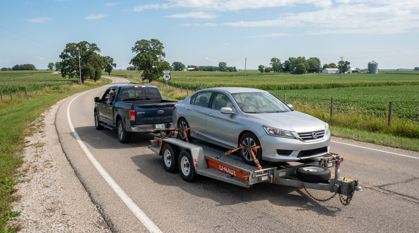 Car trailer loaded safely behind a pickup truck