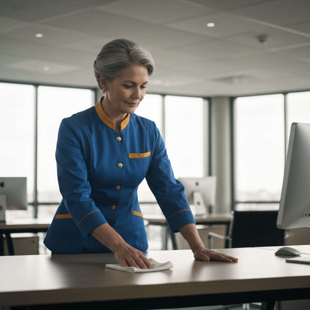 Professional cleaner wiping a modern office desk in Birmingham