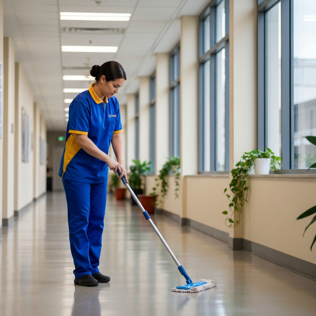 Commercial cleaner mopping a wide corridor
