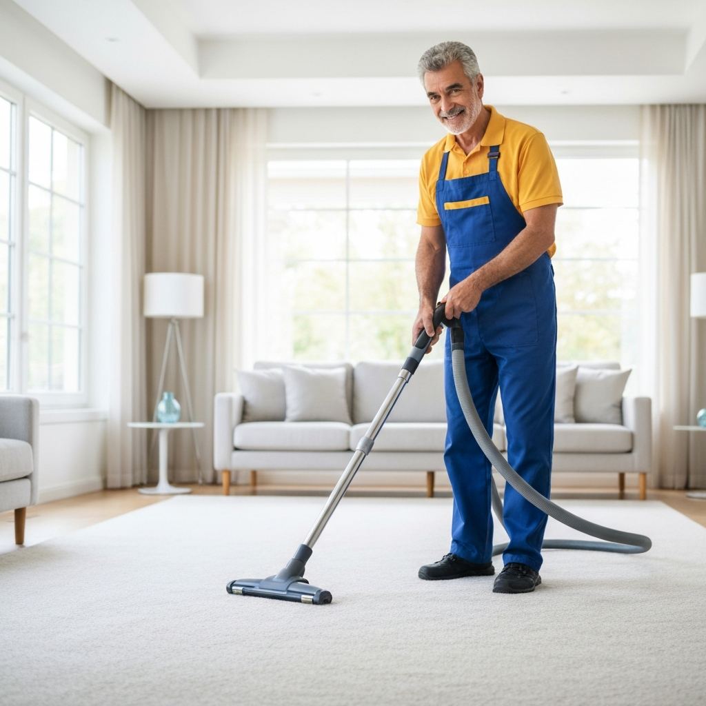 Cleaner vacuuming an empty living room