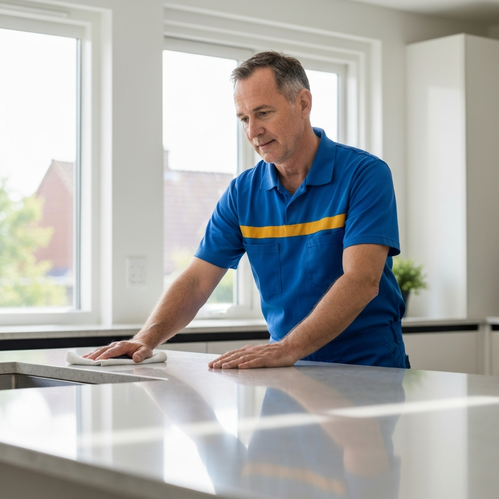 Professional domestic cleaner wiping a kitchen counter
