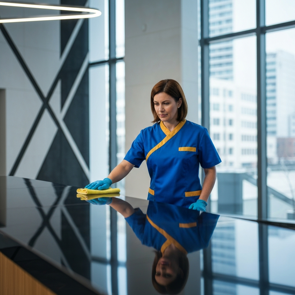 Professional commercial cleaner polishing a reception desk