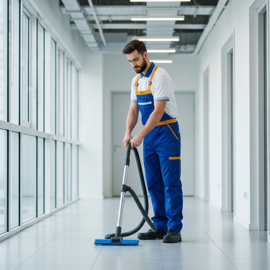 Office cleaner vacuuming a bright corporate hallway in Birmingham