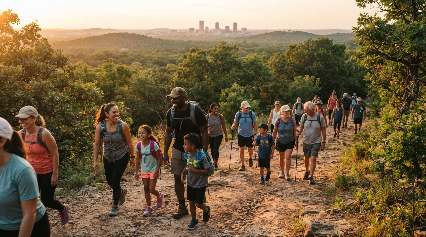 T2W community hiking together at Turkey Mountain near Tulsa