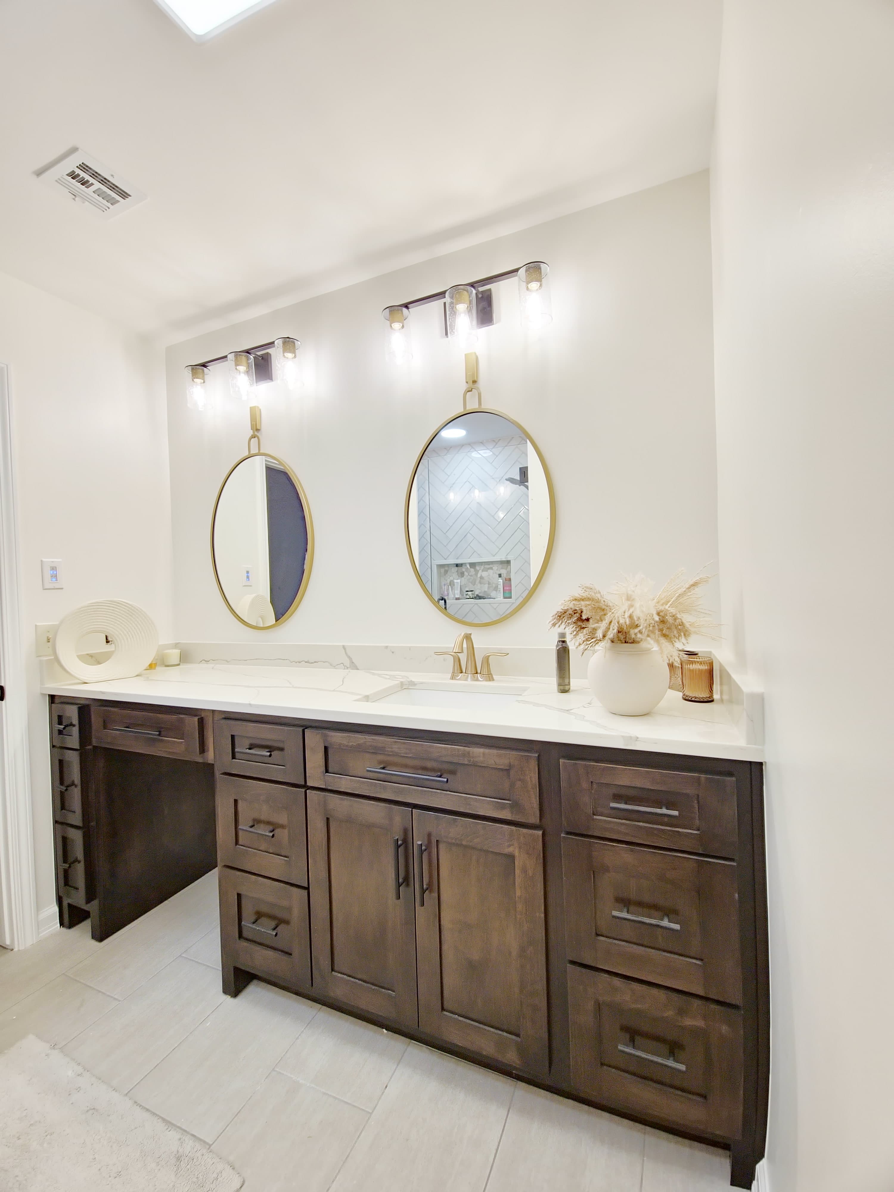 Completed Modern Bathroom Vanity with Brass Mirrors & Dual Lighting