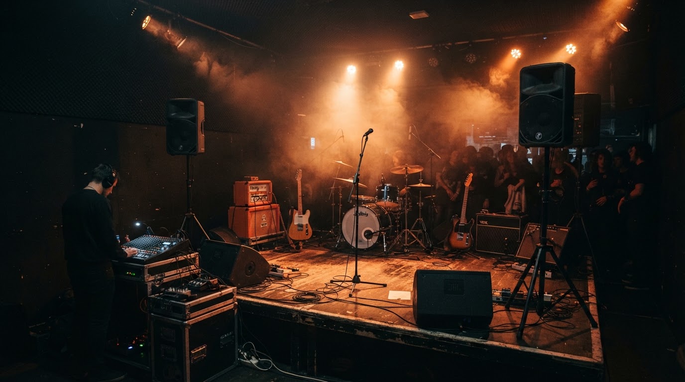 Compact live sound stage with 12 inch speakers, 15 inch subwoofers, and warm event lighting