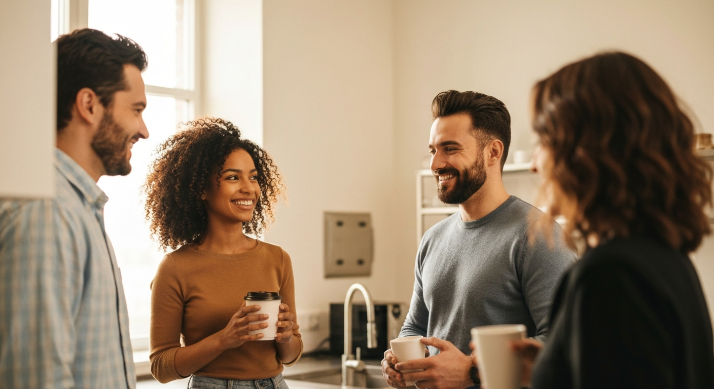 Team enjoying coffee in the office kitchen