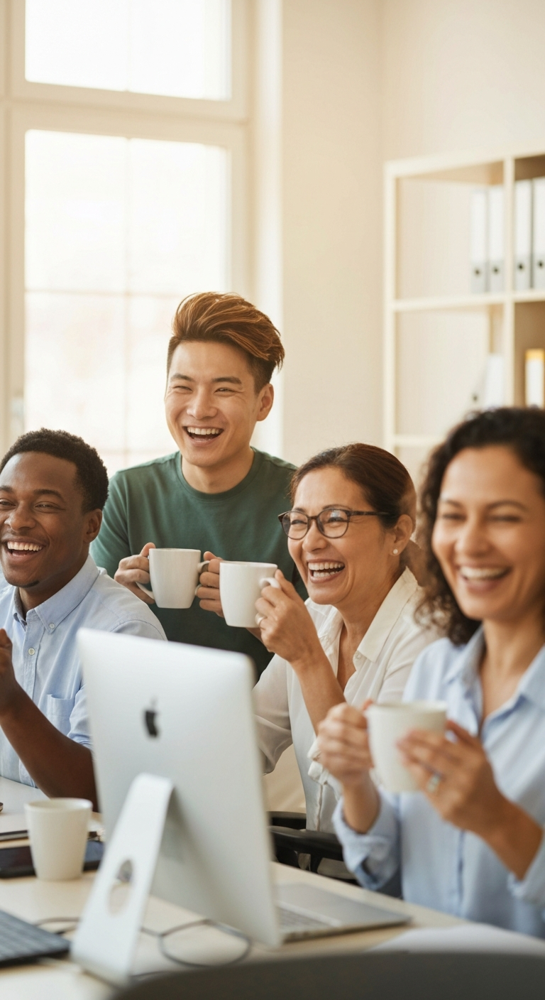 Team smiling with coffee mugs