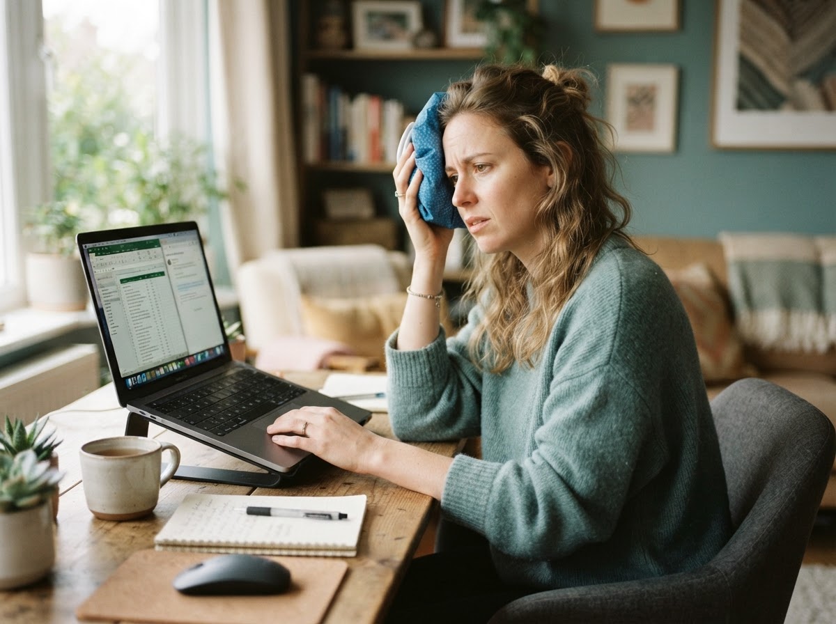 Person holding an ice pack on their head while looking at a laptop