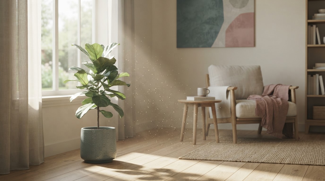The Health of Your Home — a sunlit living room with a houseplant, representing indoor air quality