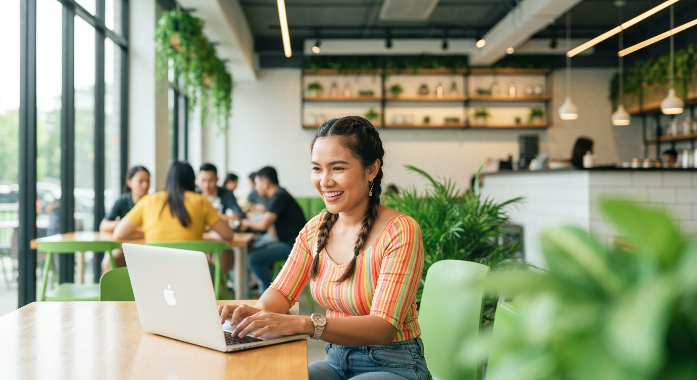 Filipina working happily on laptop