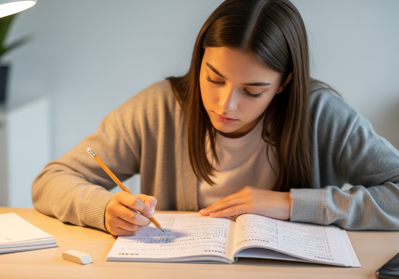 Student studying SAT math problems at a desk