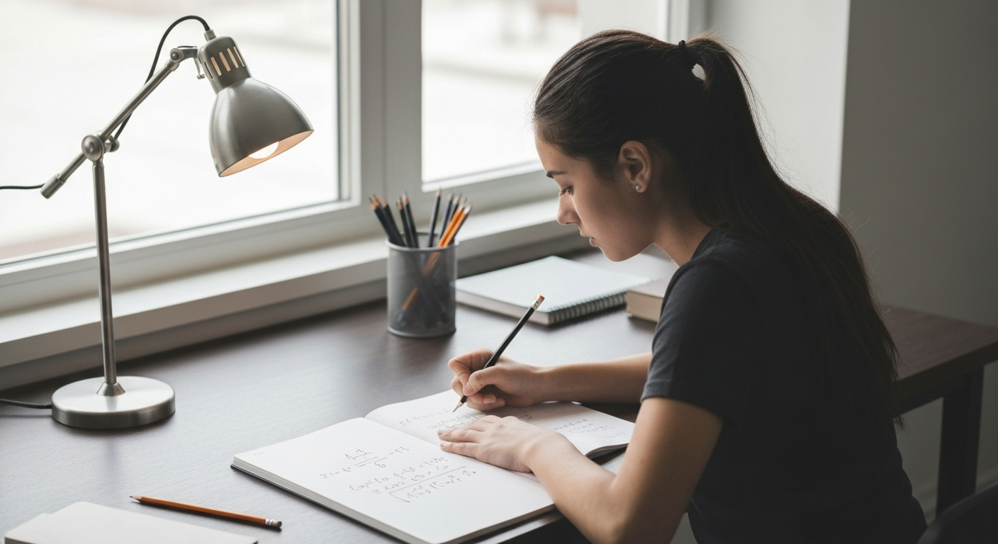 Student studying SAT math with handwritten notes