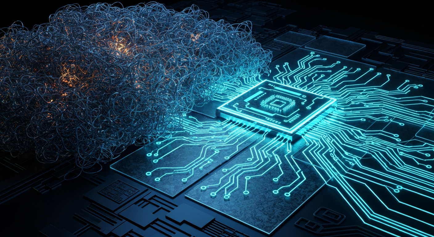 Abstract 3D diagram contrasting a tangled data web with a streamlined custom AI workflow