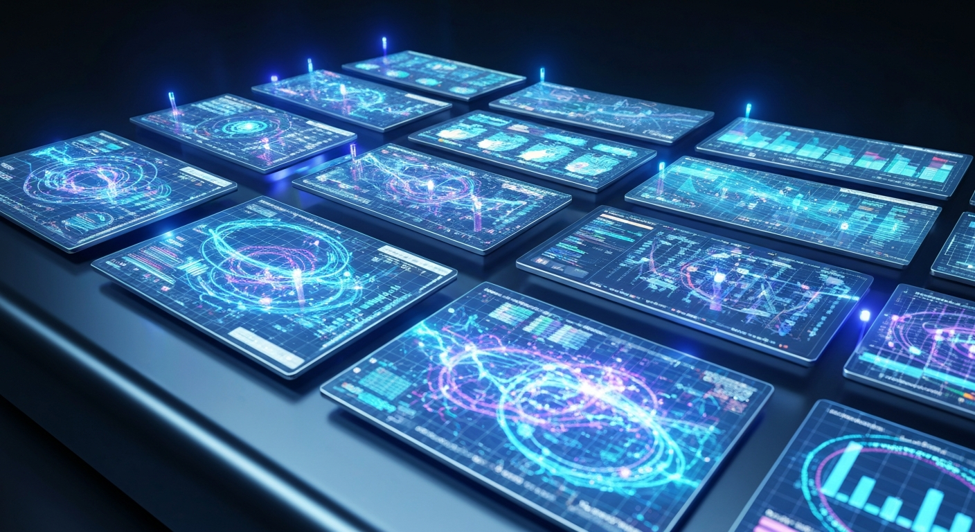Chaotic, overwhelming array of fragmented holographic UI panels