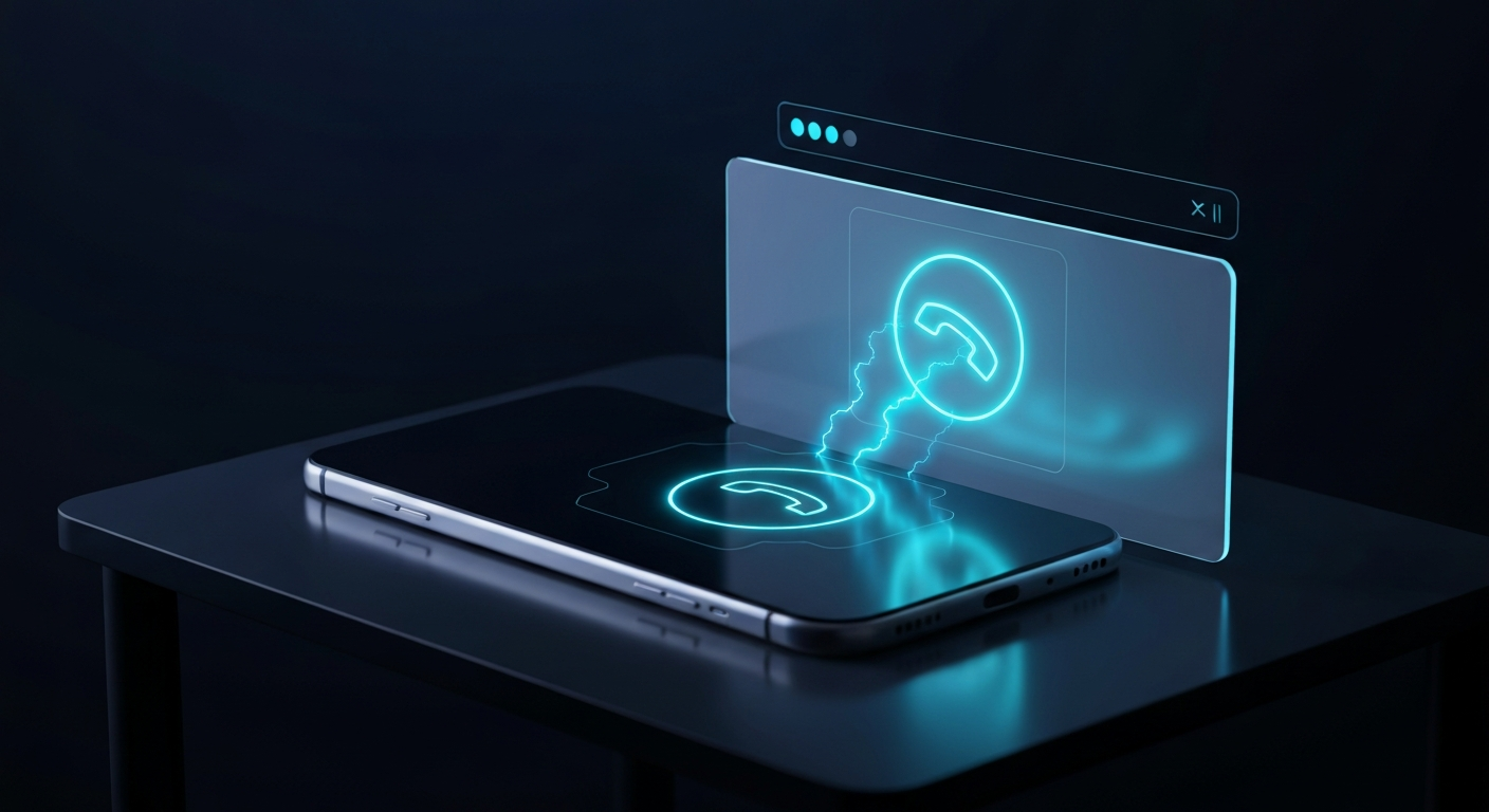 Sleek metallic smartphone projecting a glowing holographic UI panel showing a missed call