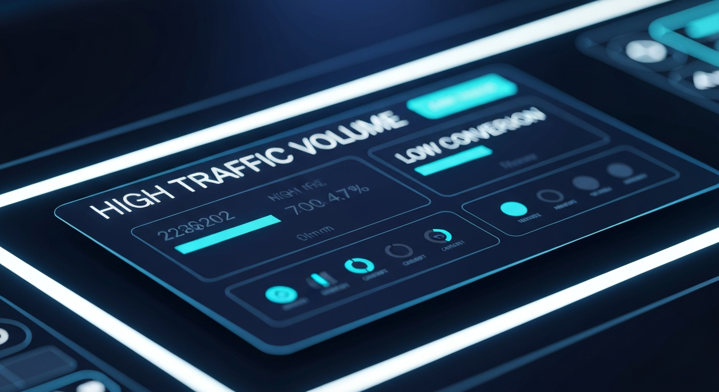 Glowing holographic UI panel showing high traffic volume metrics but low conversion indicators