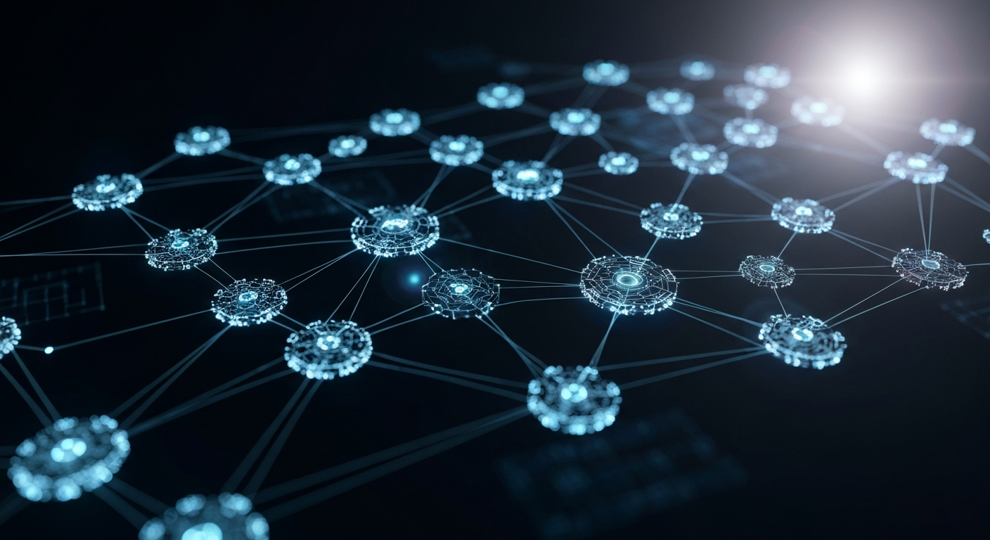 Abstract 3D workflow diagram showing a central bottleneck node versus a decentralized routing system