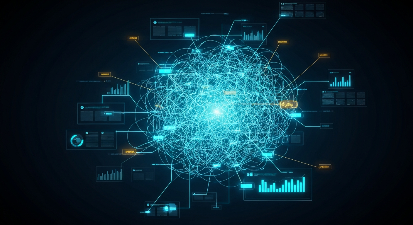Chaotic cluster of disorganized holographic UI panels and fragmented task nodes