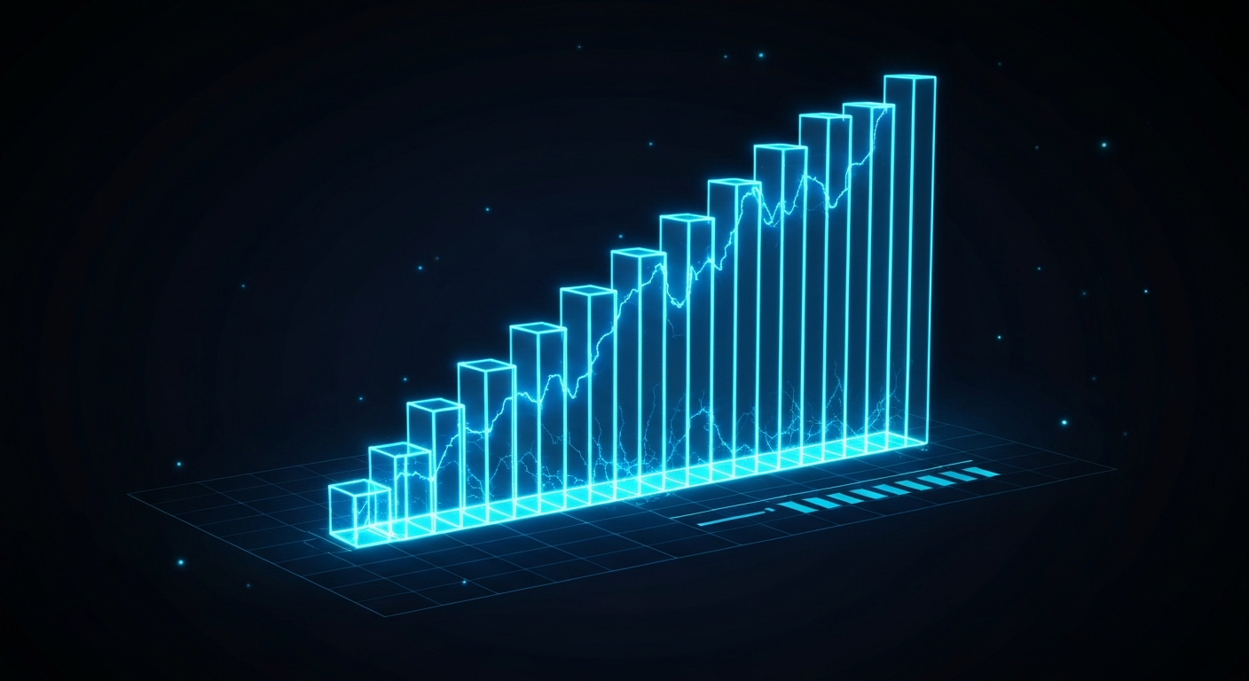 Glowing 3D bar chart showing a massive drop-off between high inbound volume and retained data