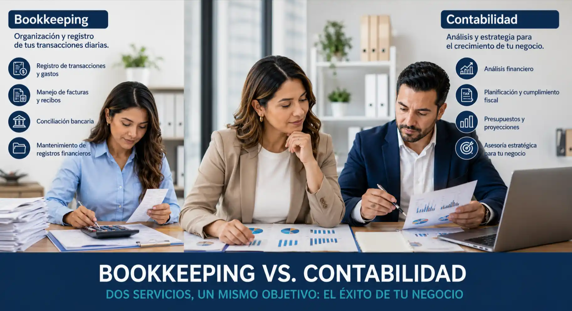 Empresario latino comparando bookkeeping y contabilidad para su negocio
