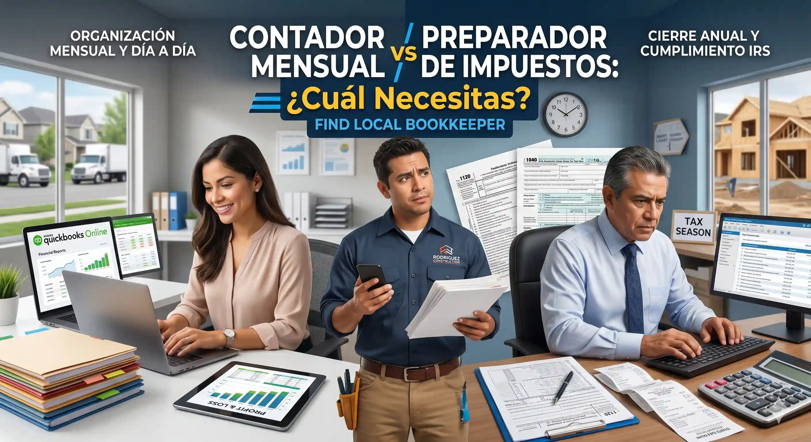 Un contratista hispano en USA decidiendo entre contratar los servicios de un contador mensual para sus reportes financieros o un preparador de impuestos para la temporada de taxes del IRS.