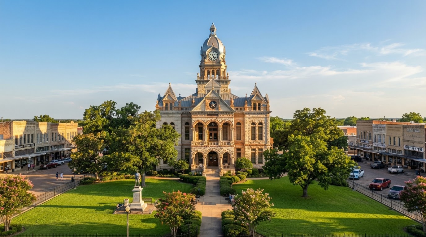 Historic downtown Hamilton Texas courthouse square and native limestone architecture in Hamilton TX 76531