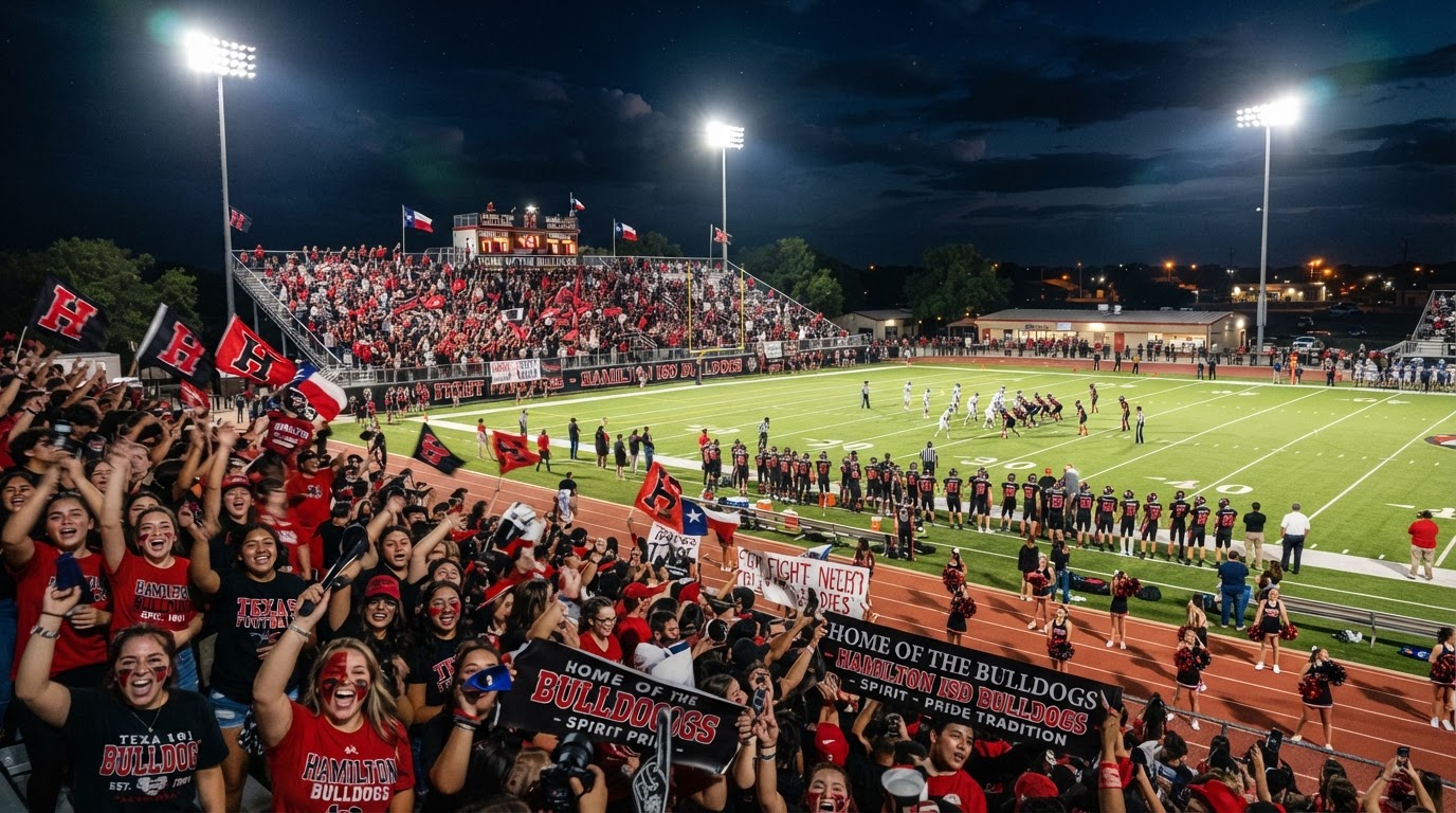 Hamilton ISD Bulldogs Friday night lights stadium and school community pride in Hamilton Texas