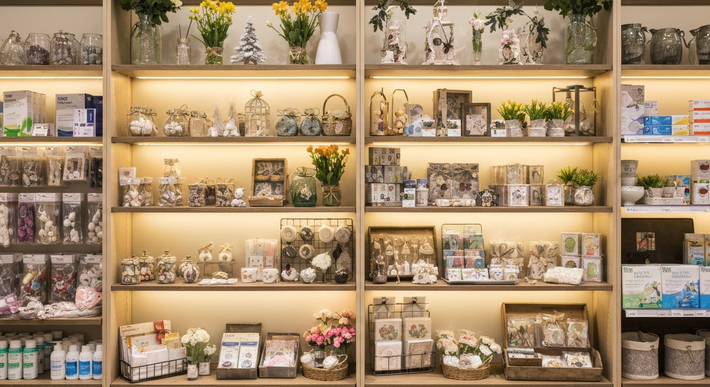 Pharmacy retail section with gifts, supplements, and OTC medications at Jordan Pharmacy