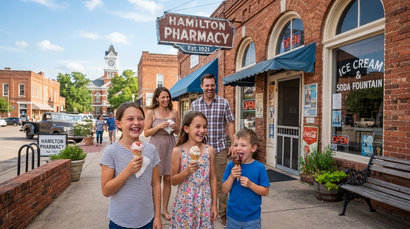 Children enjoying ice cream with parents at local small town Texas pharmacy in Hamilton TX