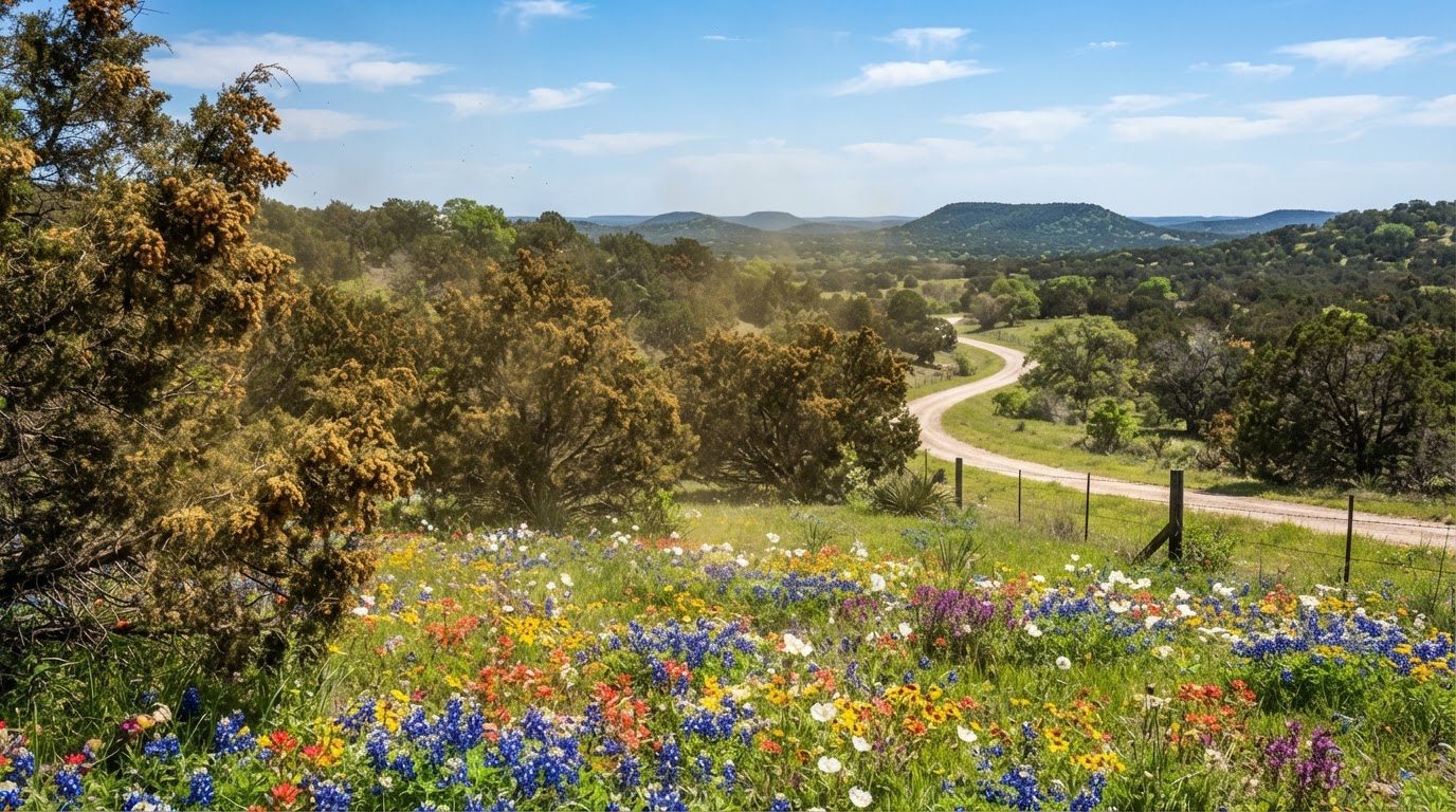 Central Texas cedar trees and seasonal wildflowers landscape in Hamilton TX 76531