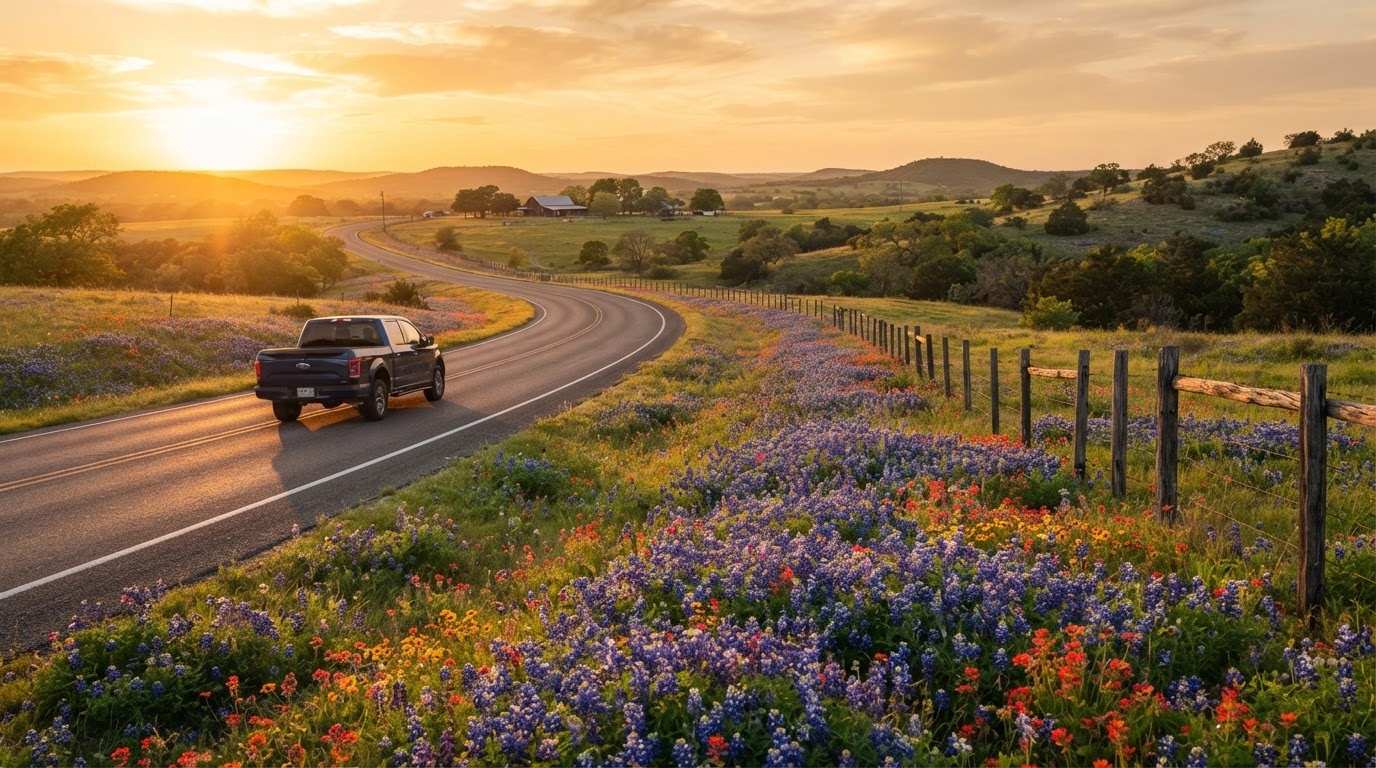 Scenic Central Texas Hill Country highway and wildflowers near Hamilton Hico and Evant TX