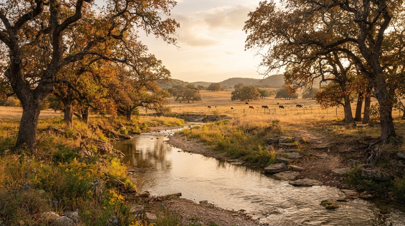 Central Texas outdoor landscape creek fishing and hunting pastures in Hamilton County TX