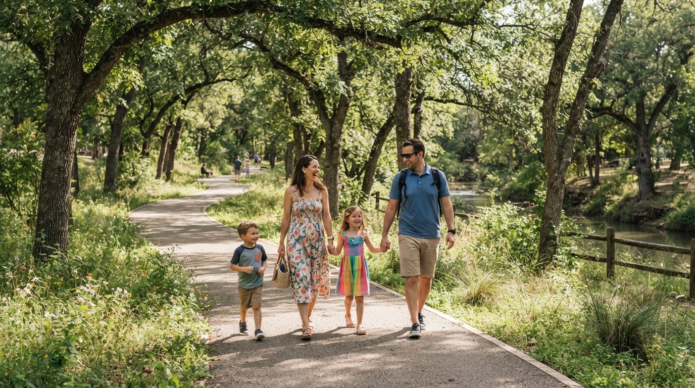 Family outdoor recreation and shaded walking paths at Pecan Creek Park in Hamilton Texas 76531