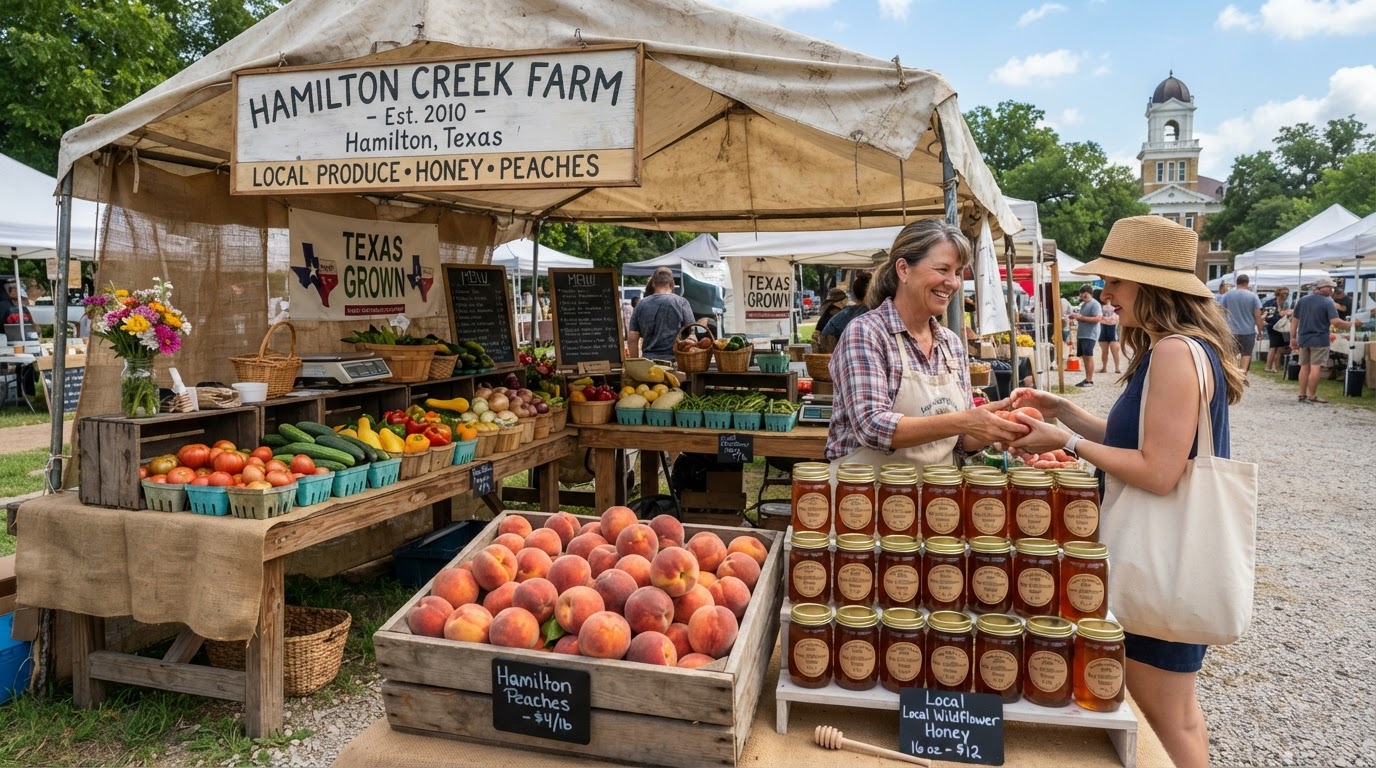 Local farmers market stall fresh produce and wildflower honey in Hamilton County Texas